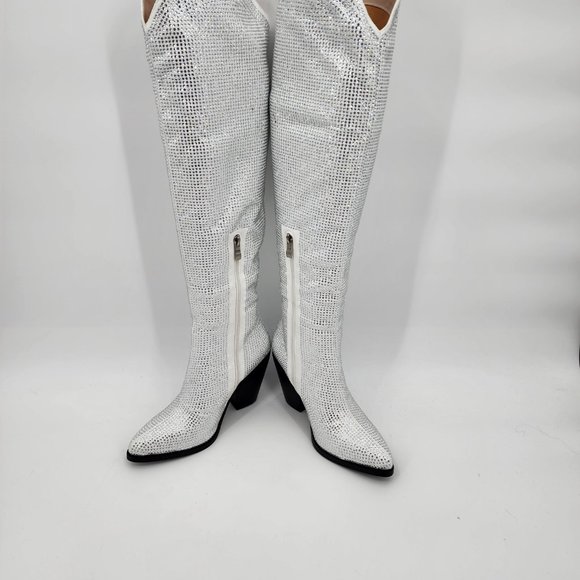 AZALEA WANG Nash Crystal Knee High Cowboy Boots White 6-10 NWT - Picture 11 of 12